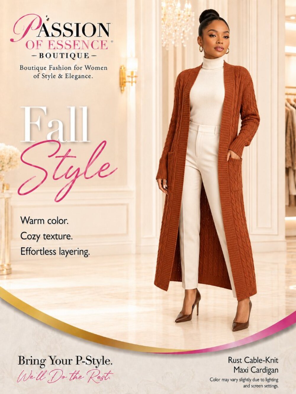 Women’s XL Rust Cable-Knit Long Coat Open-Front Maxi Cardigan